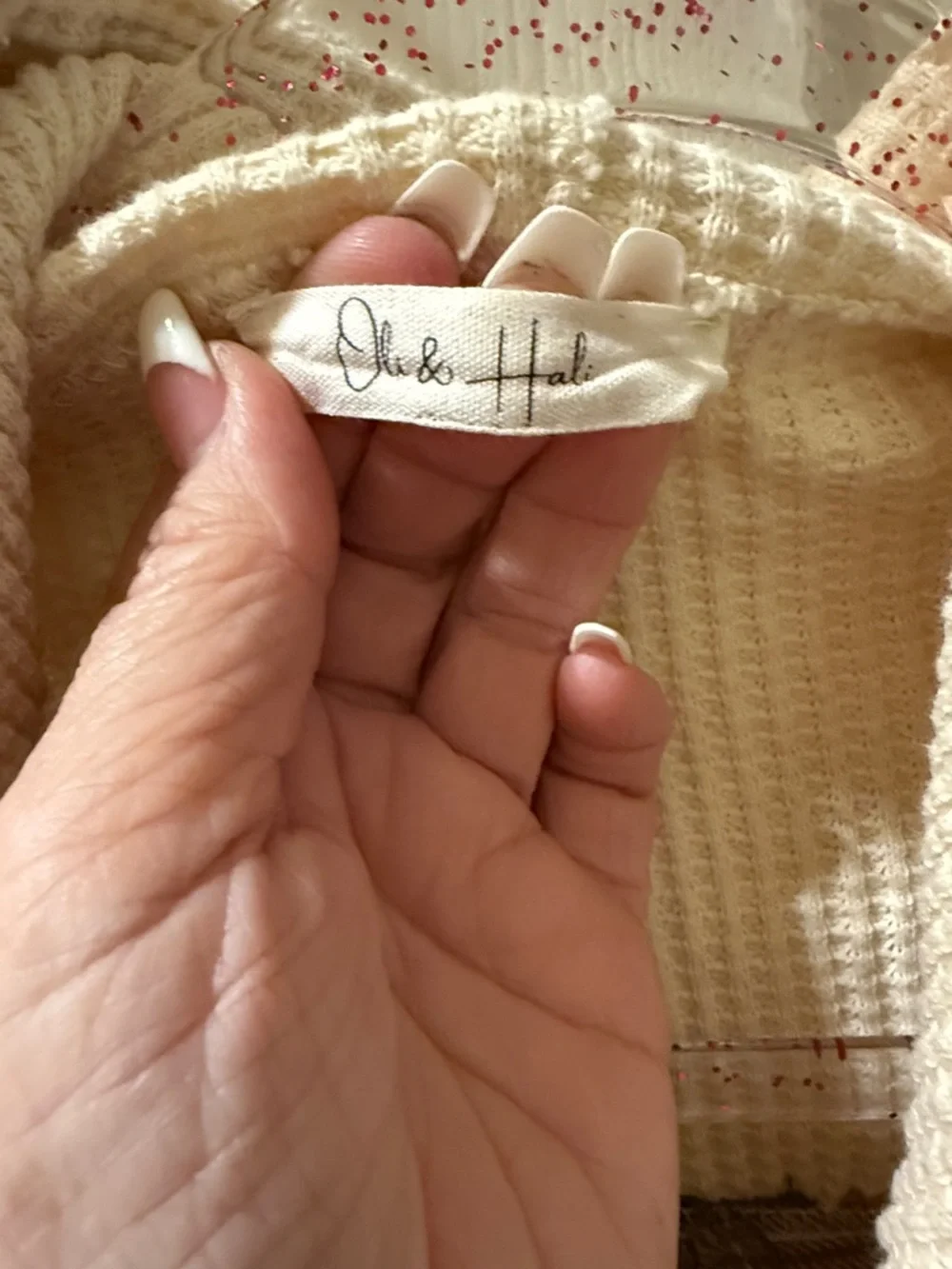 Oli & Hali Cream Waffle Knit Hoodie with Brown Plaid Accents - Picture 2 of 7